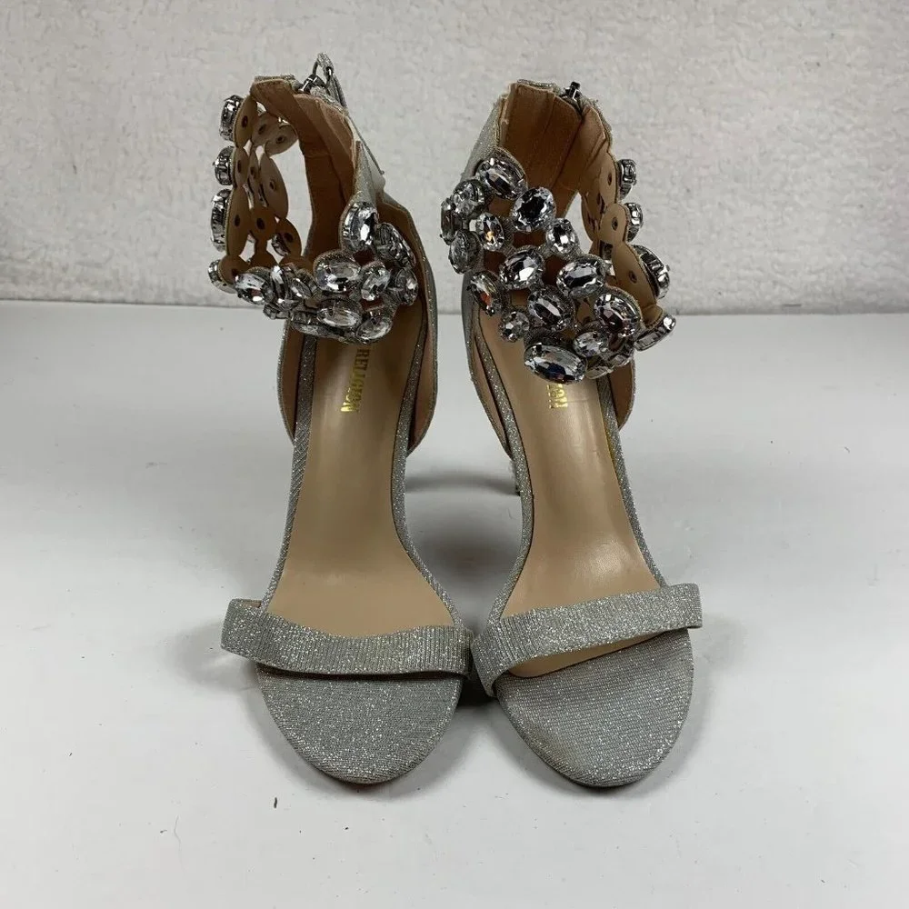 True Religion Braelynn Ankle Wrap Dress Heels 7.5M Jewel Embellished Silver 7963